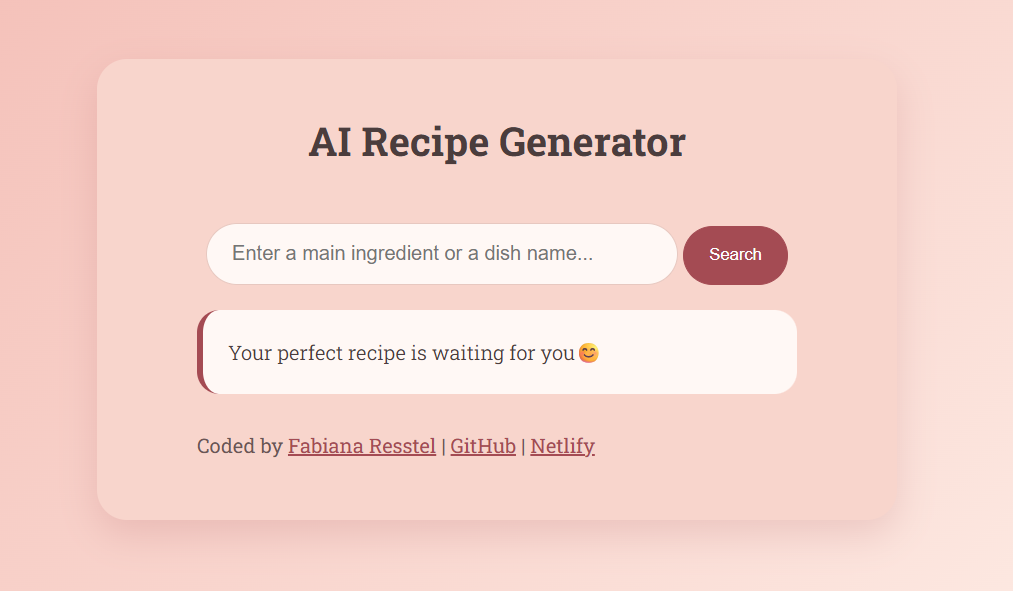 Screenshot of AI Recipe Generator using Axios and AI API