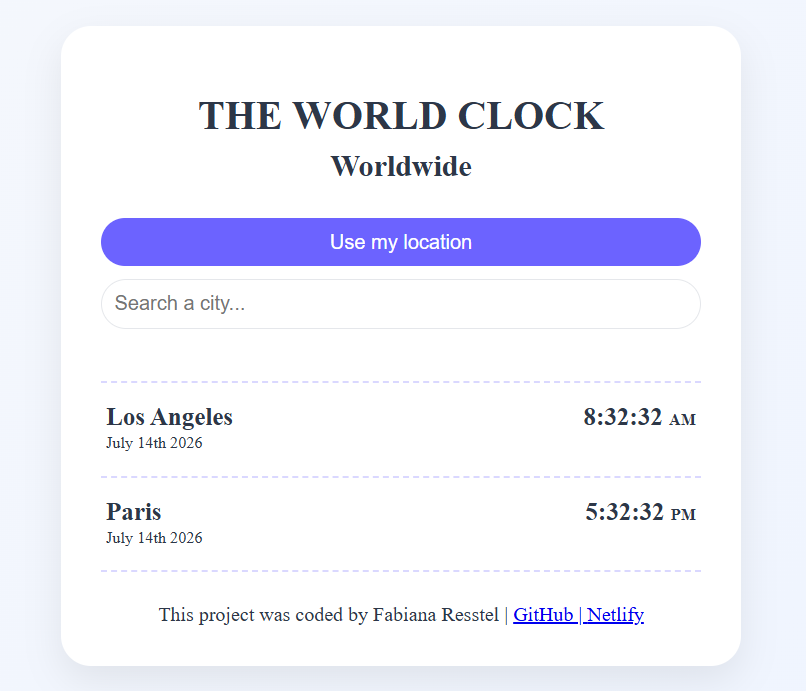Screenshot of World Clock App with timezone search